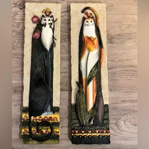 Set of 2 Signed E. Smithson "Cat" 3-D Wall Plaques, 2 Different Designs